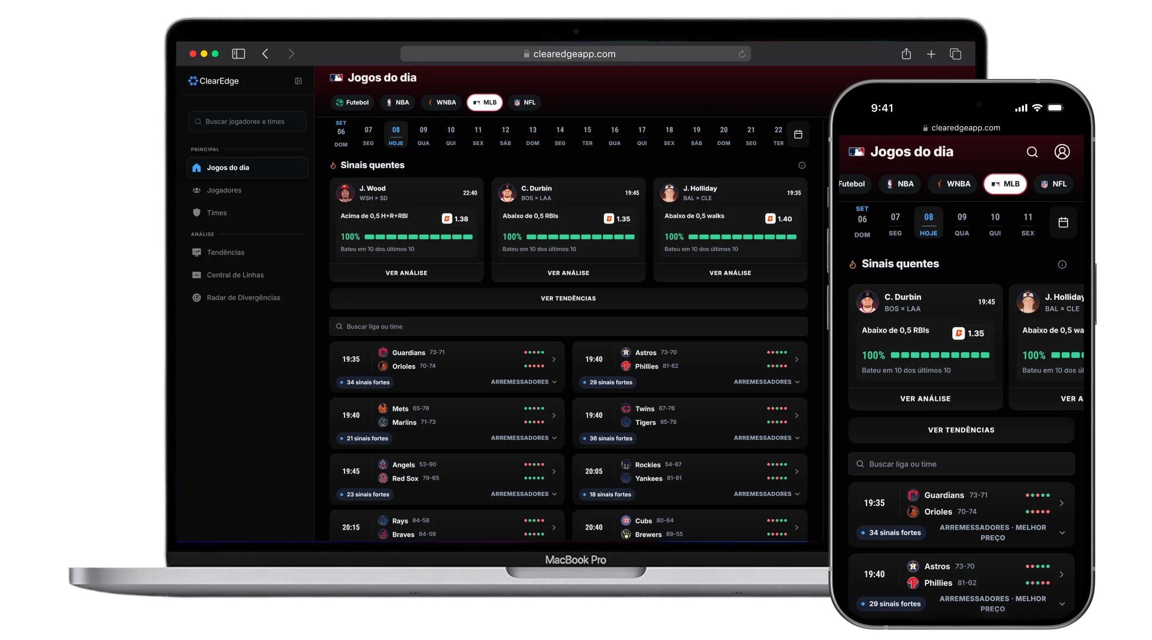 ClearEdge on desktop and phone showing MLB analysis.