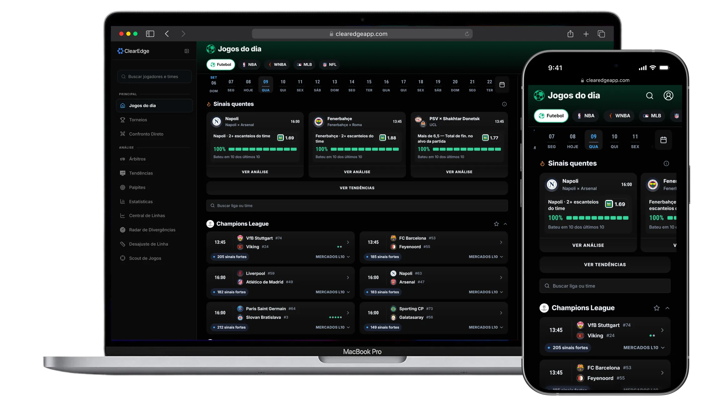 ClearEdge on desktop and phone showing Soccer analysis.