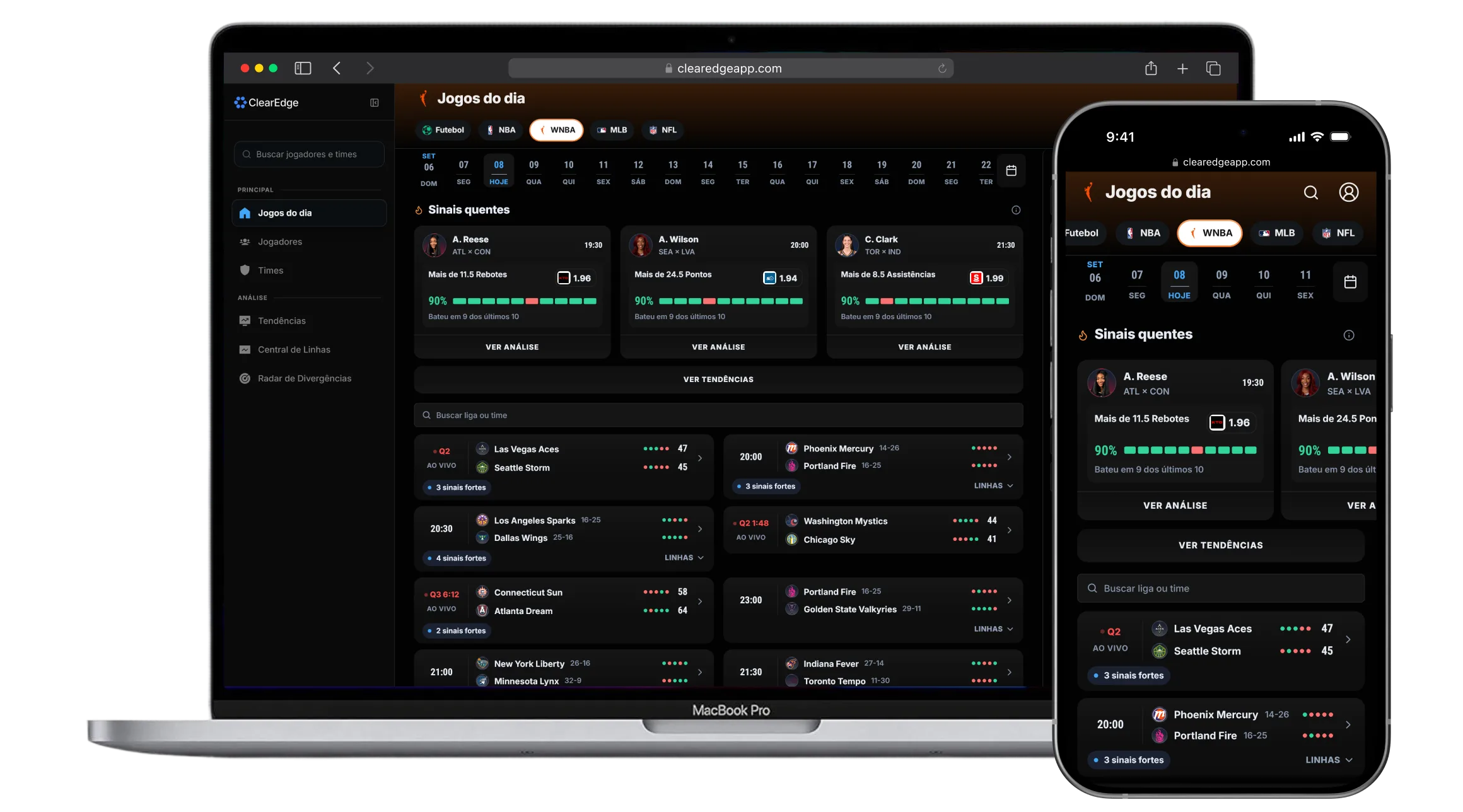 ClearEdge on desktop and phone showing WNBA analysis.